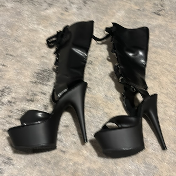 Women’s Black Platform Stiletto Open Lace Up Boots - Picture 2 of 14